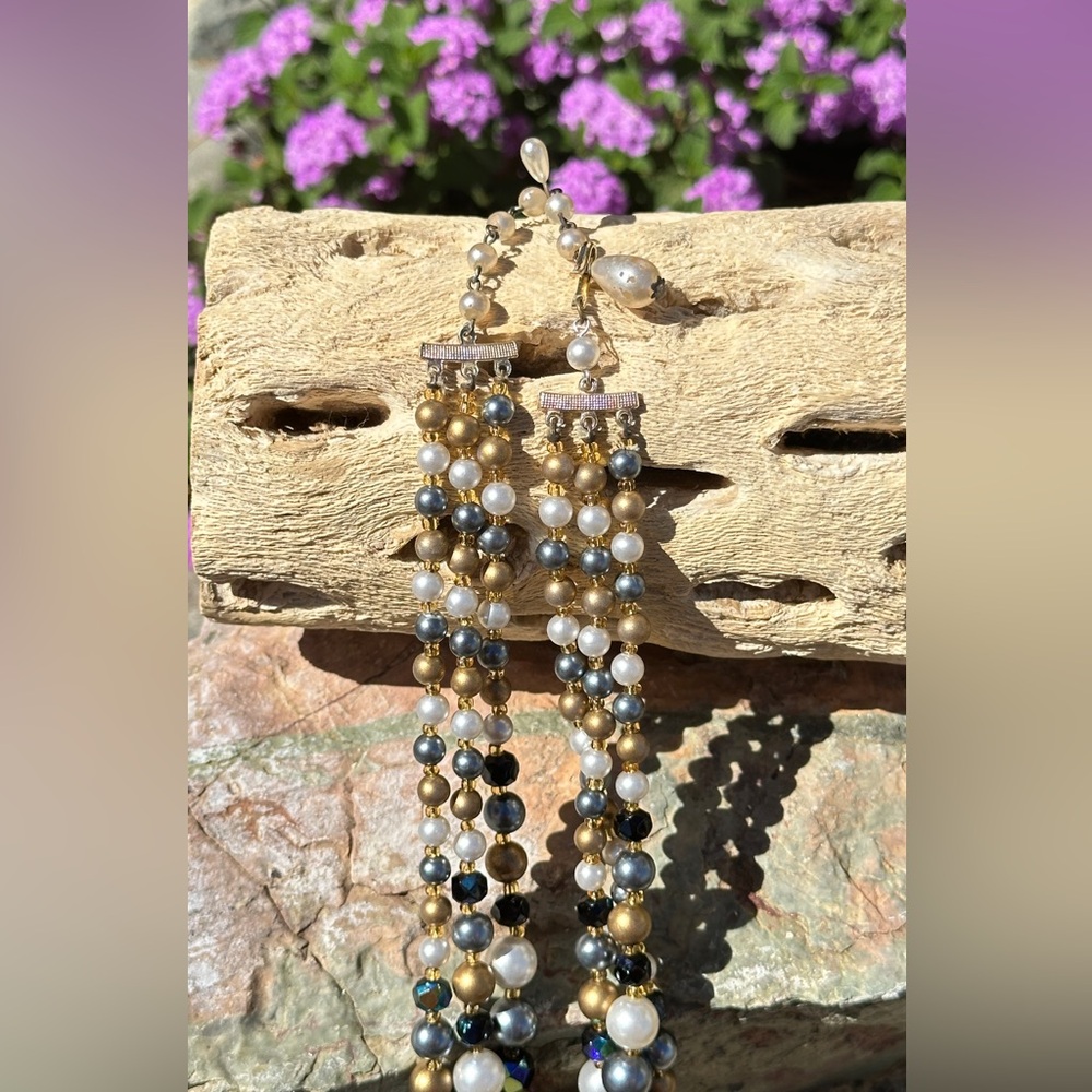 Vintage Multi-Strand Pearl & Metal Bead Necklace - White, Gold, Blue